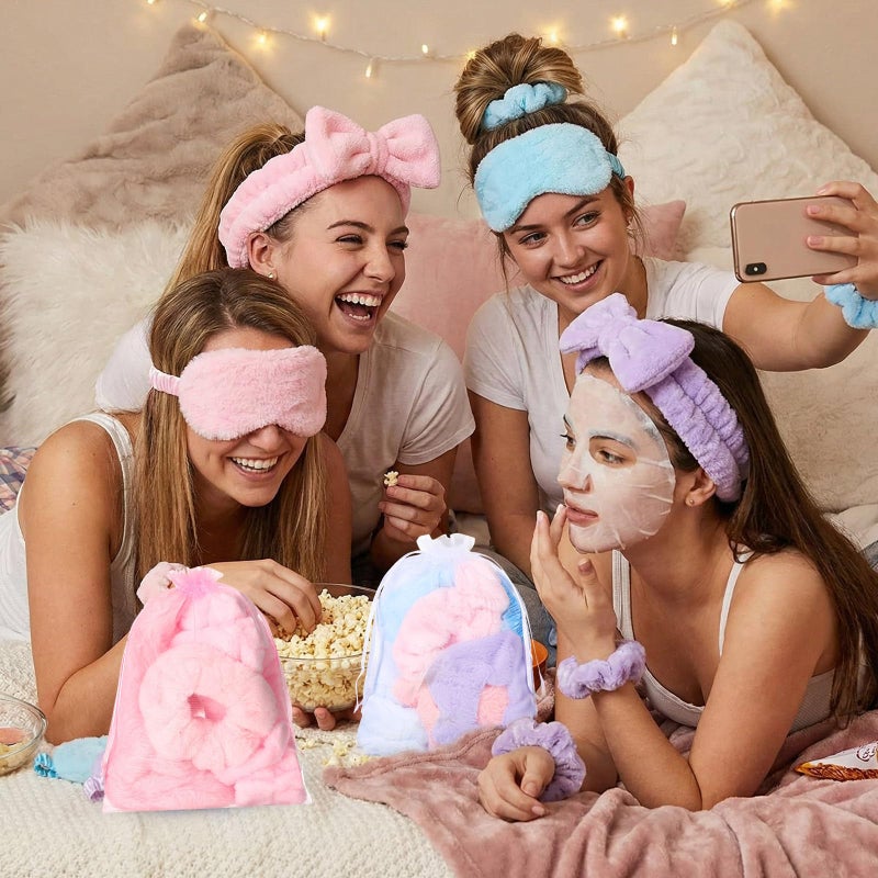 Mimorou 48 Pieces Galentine Spa Party Supplies 12 Spa Headband 12 Plush Sleep Eye Mask 12 Velvet Scrunchies 12 Organza Bags for Sleepover Slumber Party Favors Valentine Gift(Pink,Blue,Purple) - Image 3