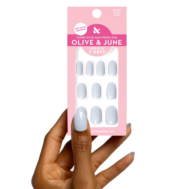 Olive & June Classic Super Stick Mani Press On Nails | No Glue Needed | 32 Tab Nails 16 Sizes | Non-Toxic Tabs Non-Damaging 7-Day Wear | Spring Flowers & Patterns | Short, Round | Rink Pastel Blue - Image 1