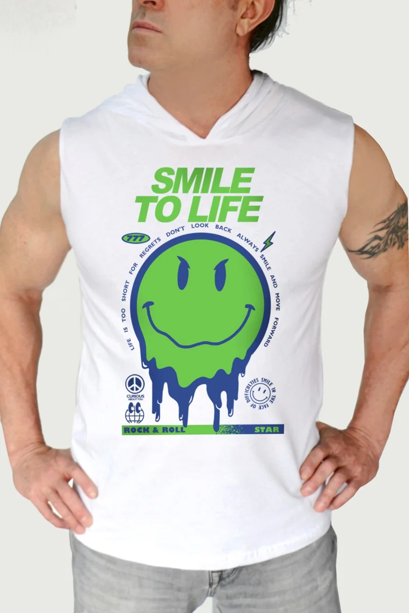 Smile at Life White Hooded Cut-Sleeve|sleeveless Men's Athlete T-Shirt