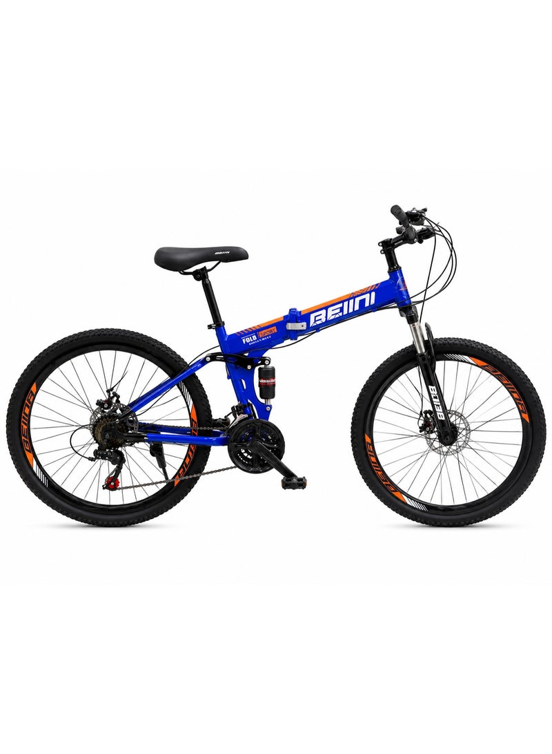 BEINA Foldable Mountain Bike for Adults and Teens - 26-Inch Dual Suspension Folding Bicycle, Multi-Speed Gear System, Dual Disc Brakes, High-Carbon Steel Frame, Shock Absorbing Off-Road Outdoor Sports Cycling Bike - Image 1