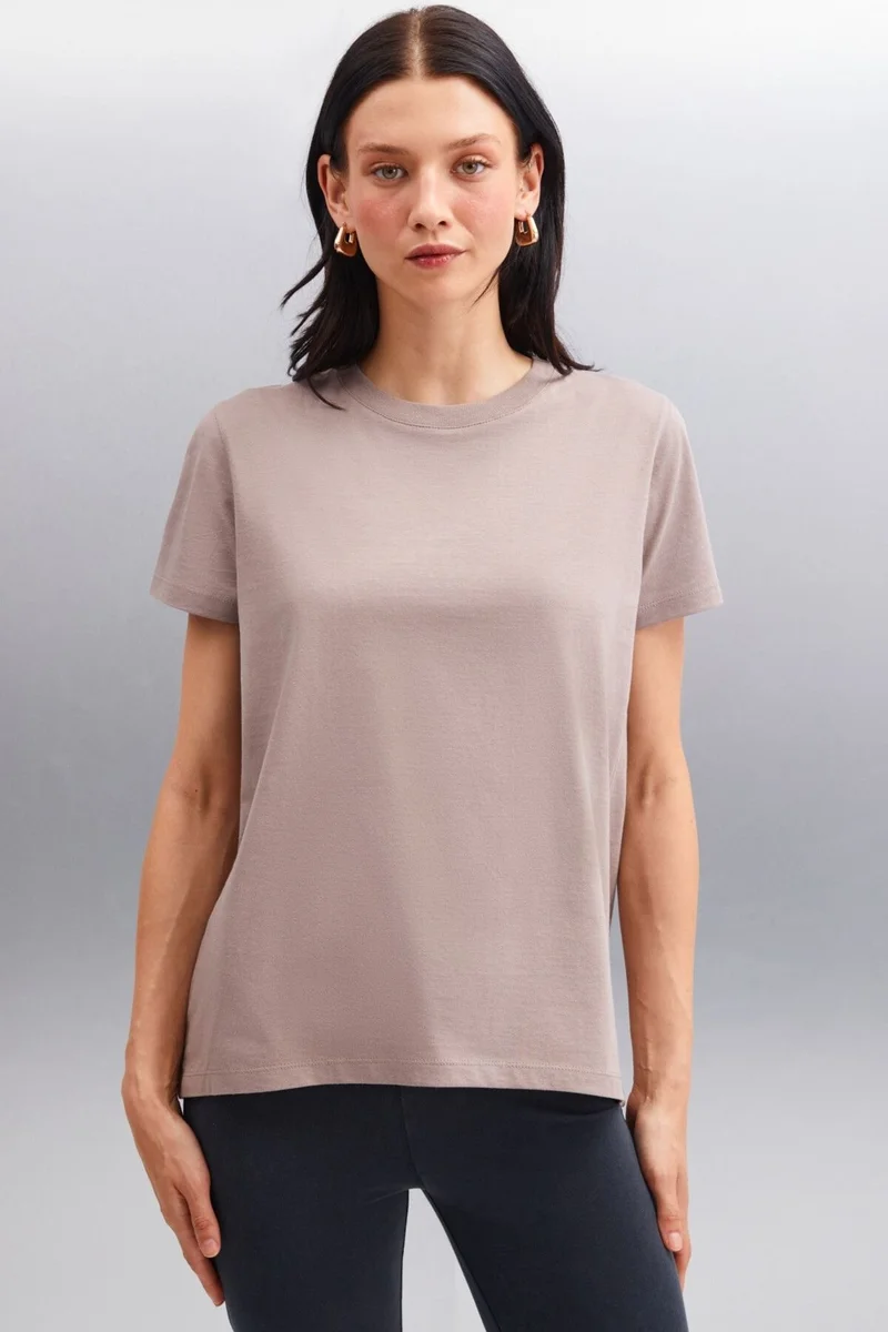 GRIMELANGE Samantha Women's Comfort Fit 100% Organic Cotton Basic Knitted Mink T-shirt