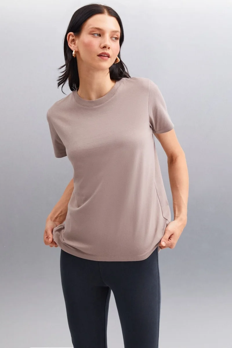 GRIMELANGE Samantha Women's Comfort Fit 100% Organic Cotton Basic Knitted Mink T-shirt