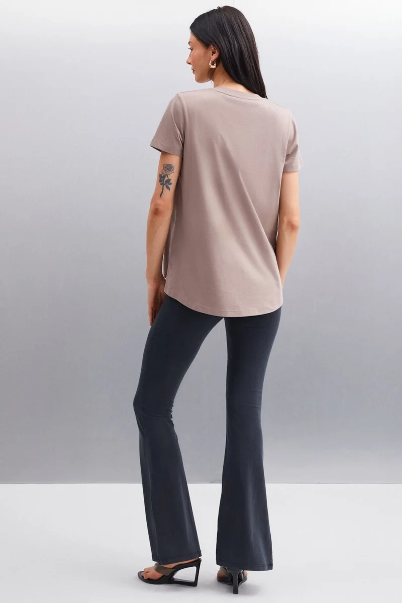 GRIMELANGE Samantha Women's Comfort Fit 100% Organic Cotton Basic Knitted Mink T-shirt