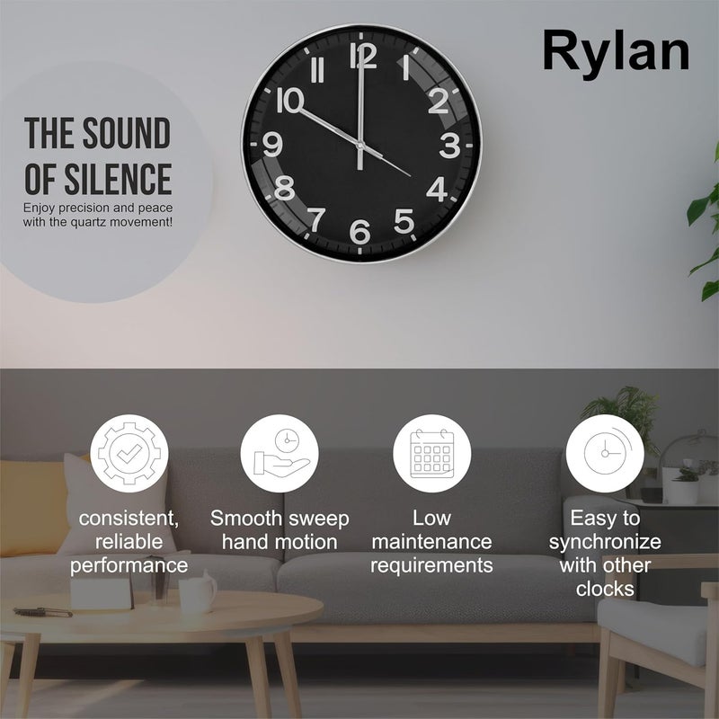 TEKCOOL Digital Wall Clock 12" Silent Quartz Decorative Latest Non-Ticking Classic Clock Battery Operated Round Easy to Read for Room/Home/Kitchen/Bedroom/Office/School (Black Silver). - Image 3