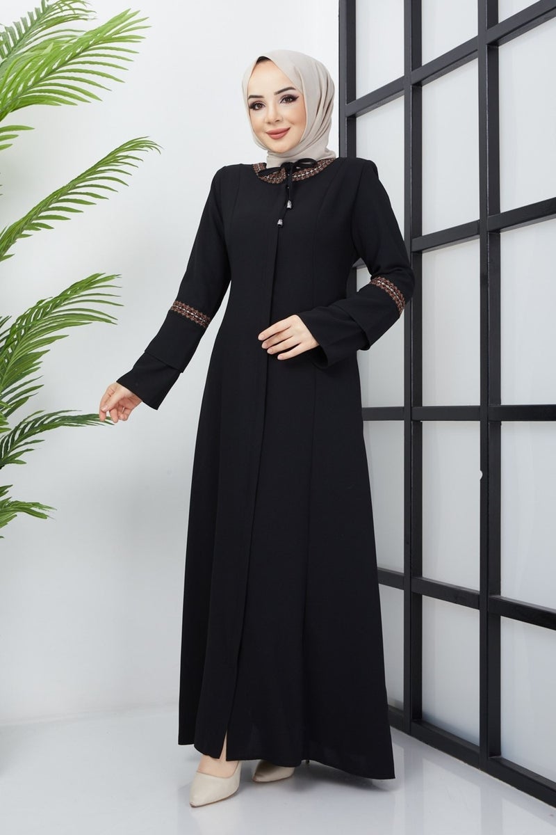 Hafsa Mina Plus Size Embroidered Detailed Black Abaya10  - Image 3