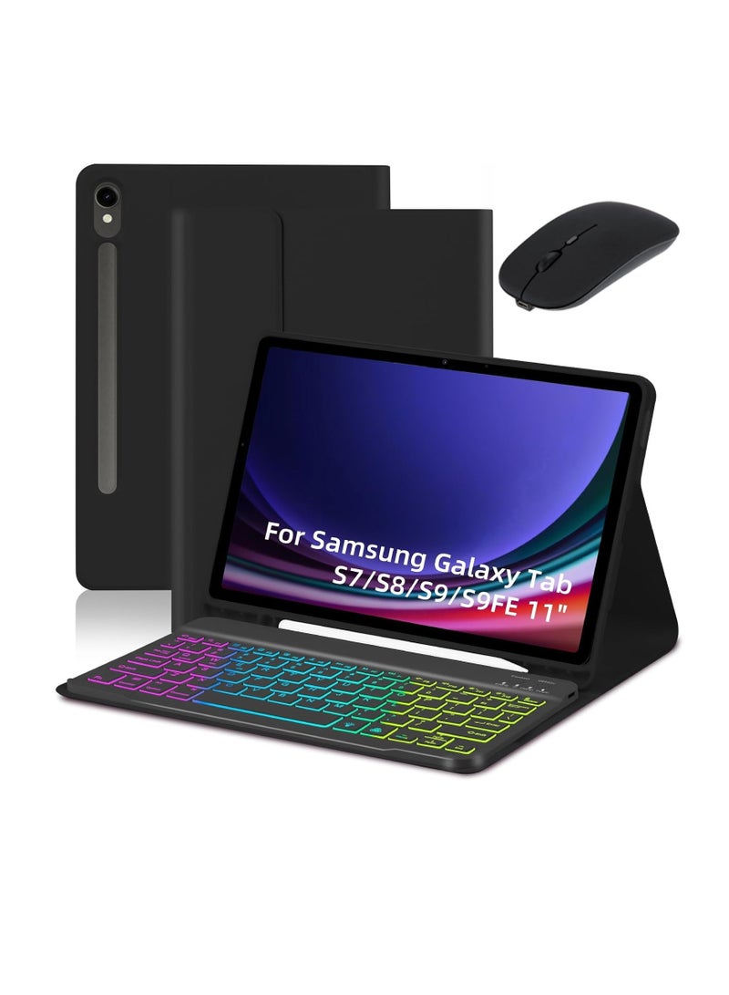 حافظة مع لوحة مفاتيح لجهاز Samsung Galaxy Tab S7 S8 S9 S9FE مقاس 11 بوصة، حافظة مغناطيسية بلوحة مفاتيح قابلة للفصل بإضاءة خلفية بألوان قوس قزح 7 مع فتحة قلم لجهاز Samsung Tablet S7 S8 S9 S9FE - أسود - Image 1