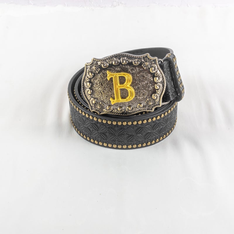 حزام وسط جلد أسود للجنسين حرف B