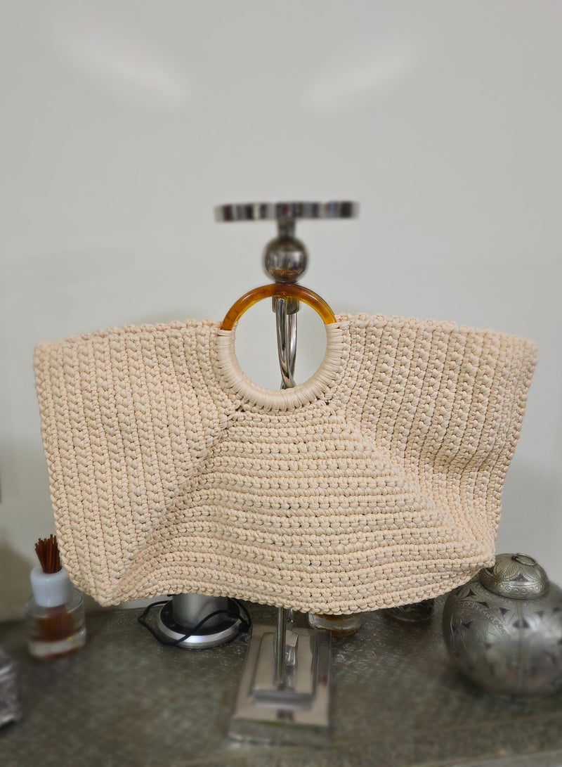 Beige Beach Bag with Round Handle