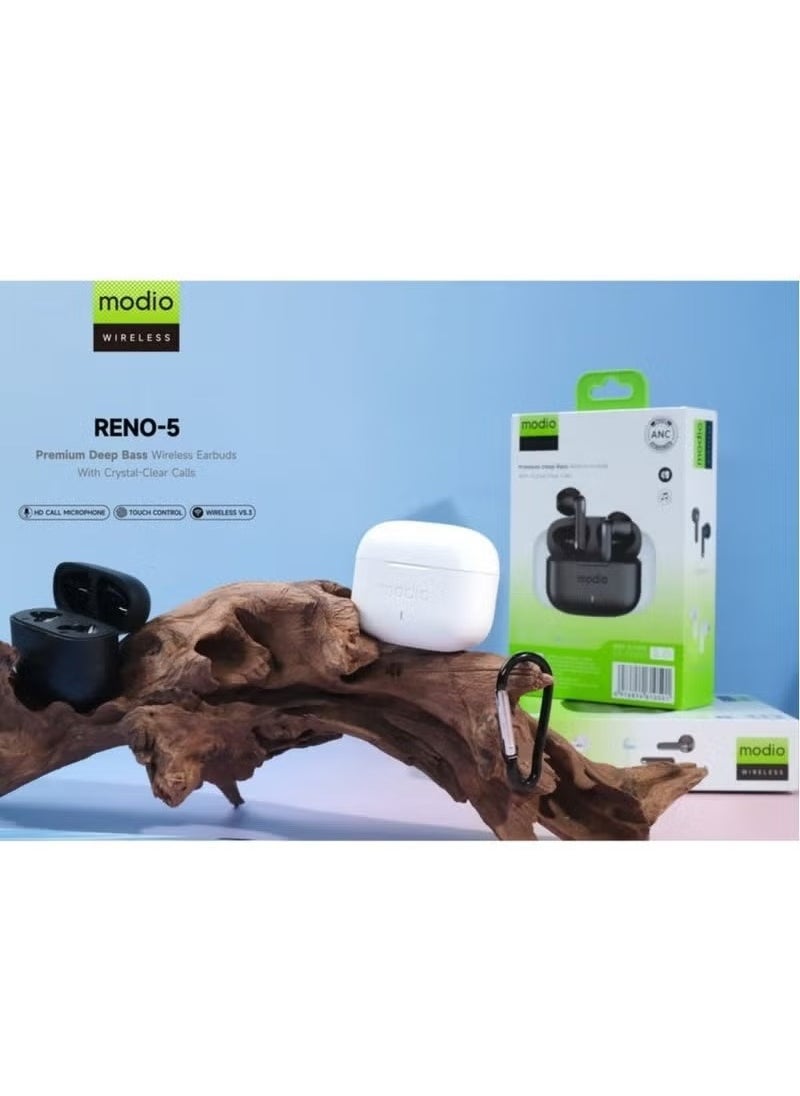 modio - Reno 5 True Wireless Earbuds – Bluetooth 5.3 Earphones with Premium Sound Quality, 24-Hour Battery Life with Charging Case, Touch Controls, Comfortable Fit, and Noise Isolation – Ideal for Android & iOS, Music, Gaming & Calls – Black - Image 1