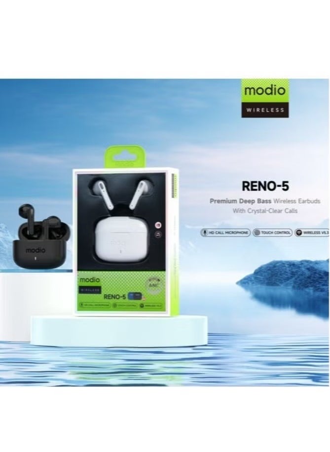 modio - Reno 5 True Wireless Earbuds – Bluetooth 5.3 Earphones with Premium Sound Quality, 24-Hour Battery Life with Charging Case, Touch Controls, Comfortable Fit, and Noise Isolation – Ideal for Android & iOS, Music, Gaming & Calls – Black - Image 1