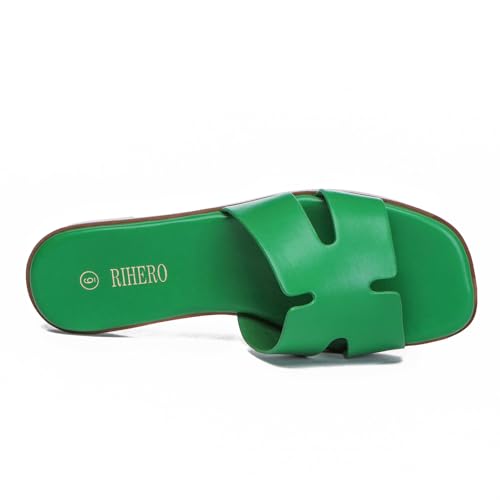 Rihero Women's Dressy Slides Sandals Comfortable Slip On Square Toe Flat Green Sandals Size 7.5 - Image 3