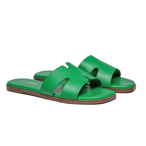 Rihero Women's Dressy Slides Sandals Comfortable Slip On Square Toe Flat Green Sandals Size 7.5 - Image 4