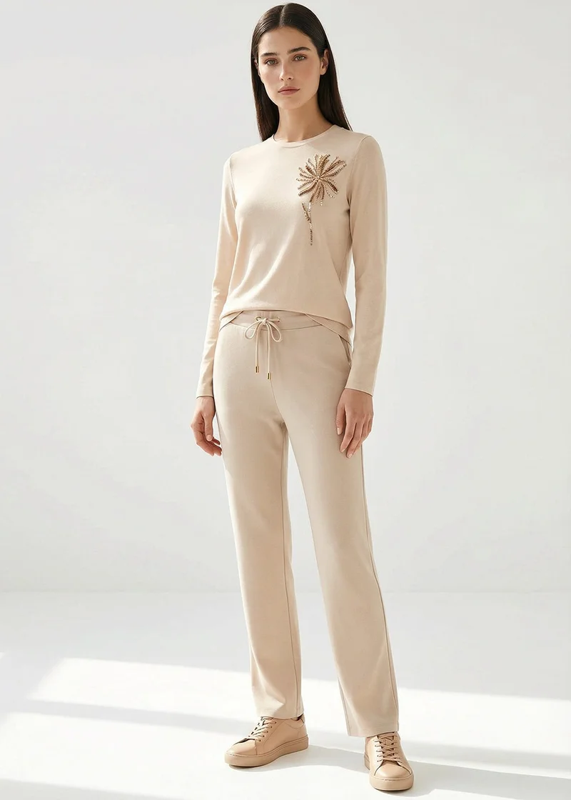 EXQUISE Cream Regular Knitted Trousers with Laces