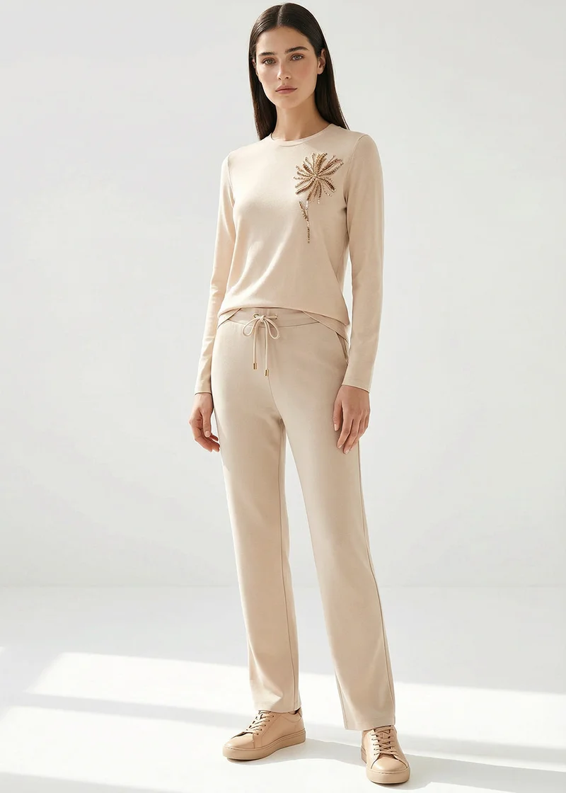 EXQUISE Cream Regular Knitted Trousers with Laces