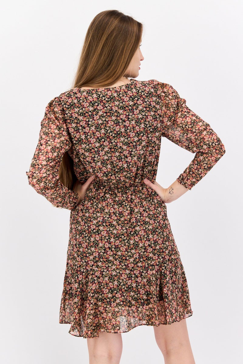 Black Tape فستان ميني مزخرف بالورود للنساء، متعدد الألوان - Image 2