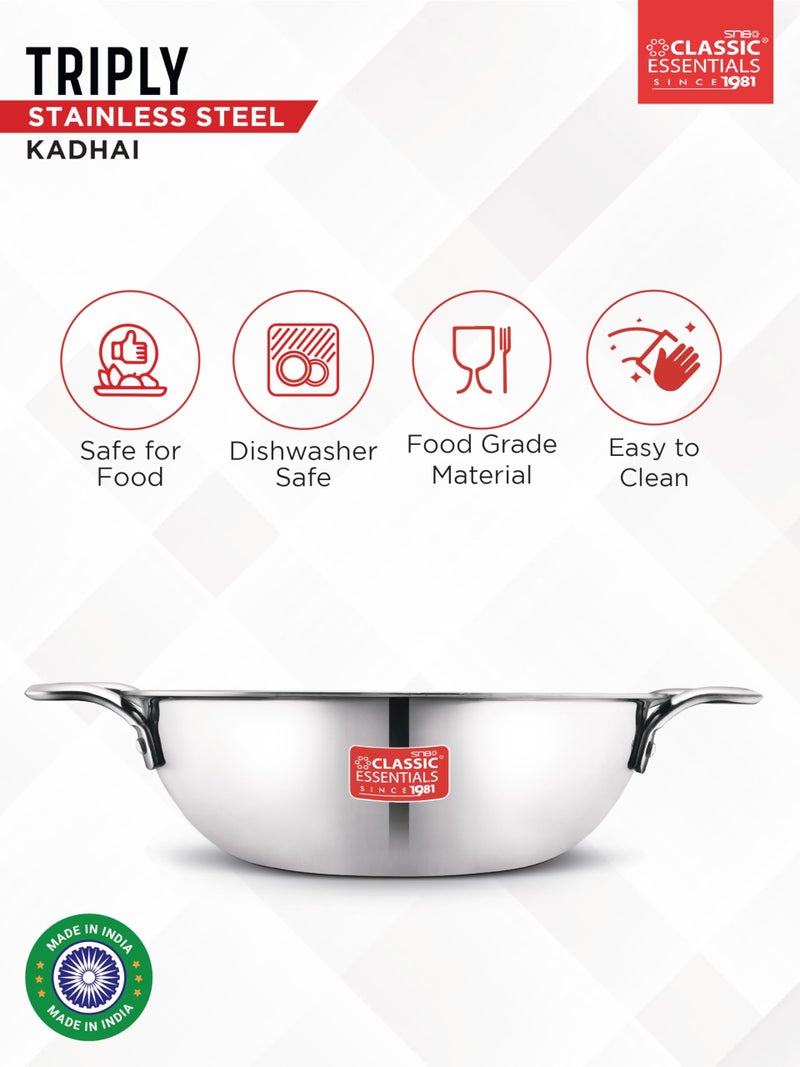 CLASSIC ESSENTIALS Triply Stainless Steel Kadai | Induction Friendly | Nonstick 3-Layer Body,100% Toxin-Free, No Chemical Coating - Silver (Extra Large - 28cm, 4.2L - for 6-8 People) - Image 2