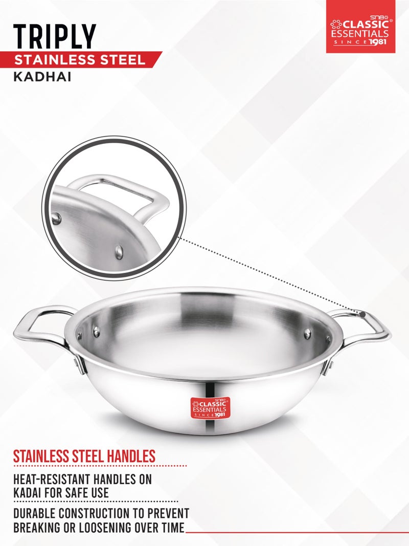 CLASSIC ESSENTIALS Triply Stainless Steel Kadai | Induction Friendly | Nonstick 3-Layer Body,100% Toxin-Free, No Chemical Coating - Silver (Extra Large - 28cm, 4.2L - for 6-8 People) - Image 3