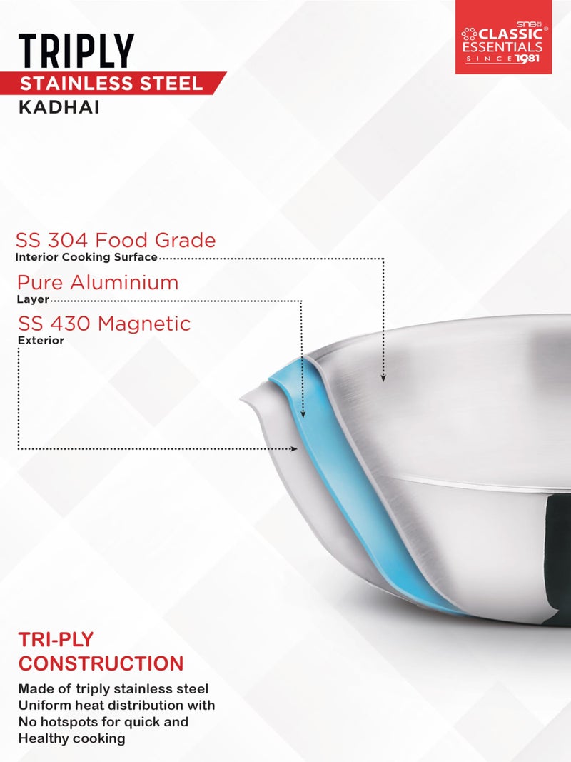 CLASSIC ESSENTIALS Triply Stainless Steel Kadai | Induction Friendly | Nonstick 3-Layer Body,100% Toxin-Free, No Chemical Coating - Silver (Extra Large - 28cm, 4.2L - for 6-8 People) - Image 5