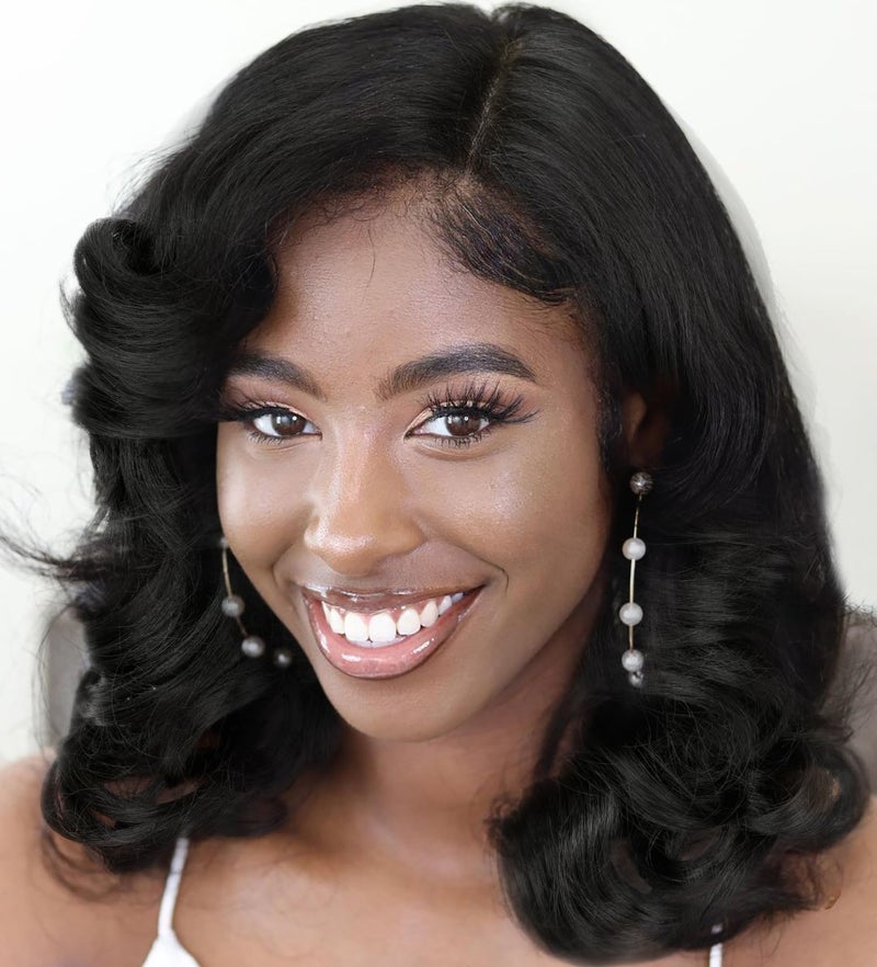 WIGER Short Wavy Wigs for Women Black Loose Wave Bob Hair Wig 14 Inch Side Part Big Curly Glueless Lace Part Hair Synthetic Curly Wig for Daily or Party - Image 5
