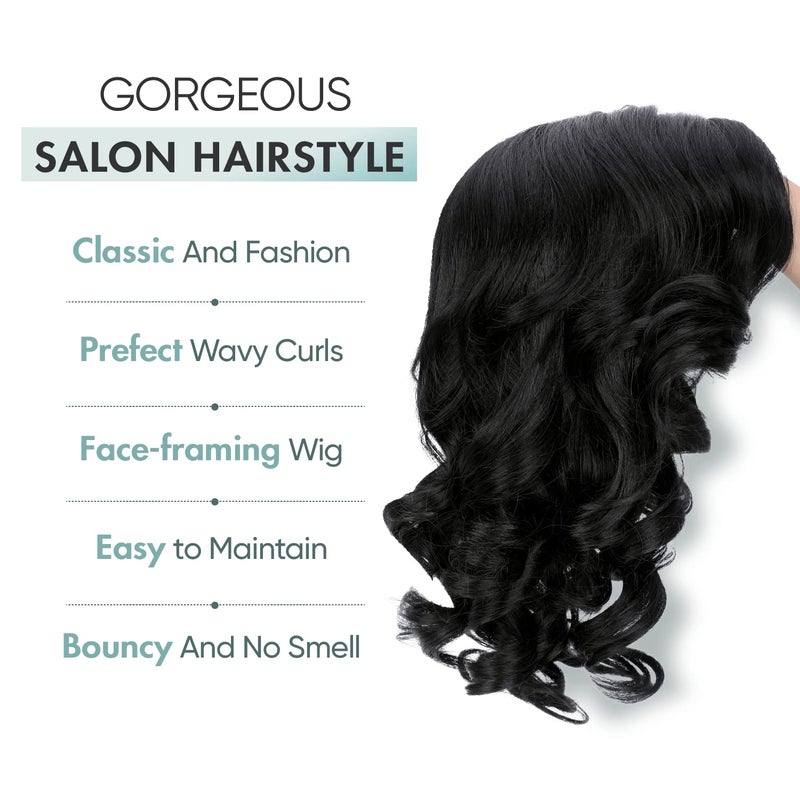 WIGER Short Wavy Wigs for Women Black Loose Wave Bob Hair Wig 14 Inch Side Part Big Curly Glueless Lace Part Hair Synthetic Curly Wig for Daily or Party - Image 3