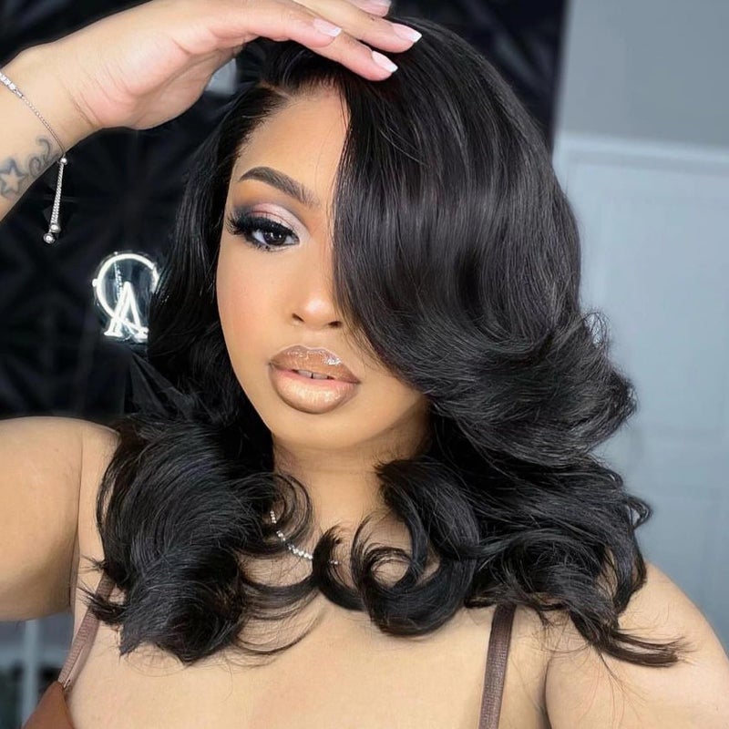 WIGER Short Wavy Wigs for Women Black Loose Wave Bob Hair Wig 14 Inch Side Part Big Curly Glueless Lace Part Hair Synthetic Curly Wig for Daily or Party - Image 1