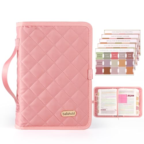 BellaHold Adjustable Bible Cover with 75 Bible Tabs - Bible Cover Case for Women，Waterproof, Washable Quilted Bible Case，Reusable Christian Gifts for Women (Pink, L) - Image 1