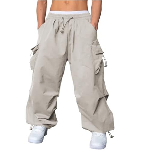 WZIKAI Men's Baggy Cargo Pants Casual Parachute Cargo Pants Loose Fit Hip Hop Harem Pants with Pockets Beige S - Image 2