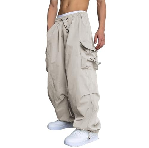 WZIKAI Men's Baggy Cargo Pants Casual Parachute Cargo Pants Loose Fit Hip Hop Harem Pants with Pockets Beige S - Image 1