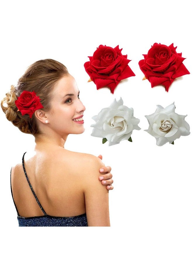 NEOBABY Fake Rose Hair Bun Clip | Juda Flower, Bridal Accessories, Wedding Hair Accessories | Artificial Rose Flower Clip for Girls & Women (Red & White 4 Pcs) - Image 1