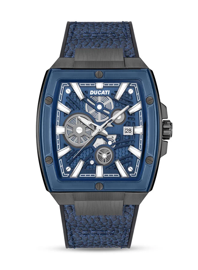 دوكاتي Ducati Men's Watch with 40mm Rectangular Gunmetal Case, Blue Semi-Transparent Dial, 3 Hands & Date, Water Resistant, Leather Strap with Silicon Base