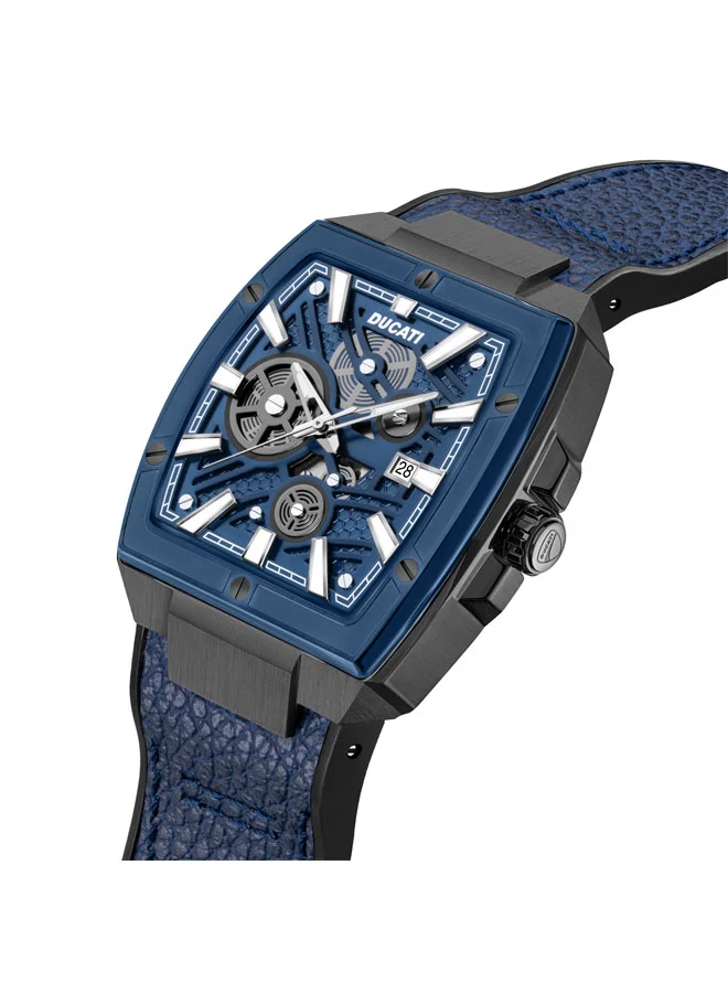 دوكاتي Ducati Men's Watch with 40mm Rectangular Gunmetal Case, Blue Semi-Transparent Dial, 3 Hands & Date, Water Resistant, Leather Strap with Silicon Base