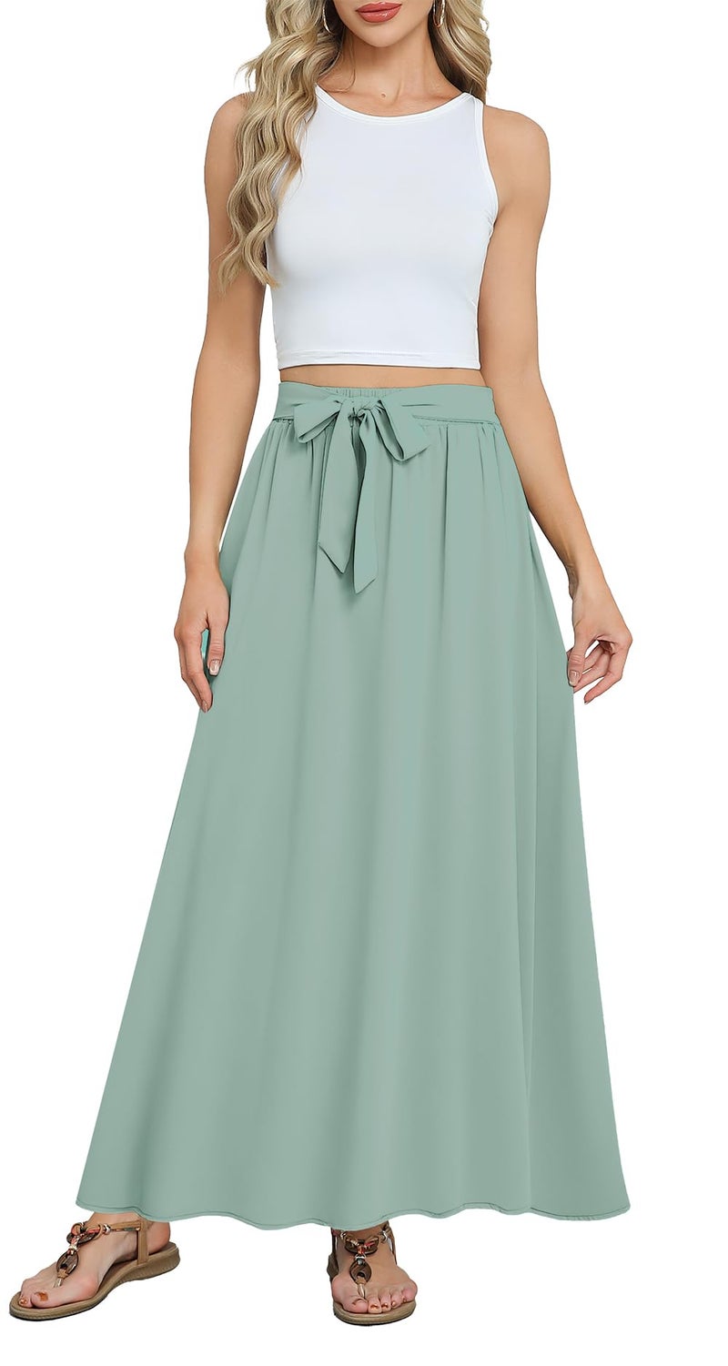 Askyes Womens Skirts 2024 Summer Fashion Trendy Work Tie Knot Flowy Swing Long Skirts with Pockets,Bamboo Green,L - Image 3