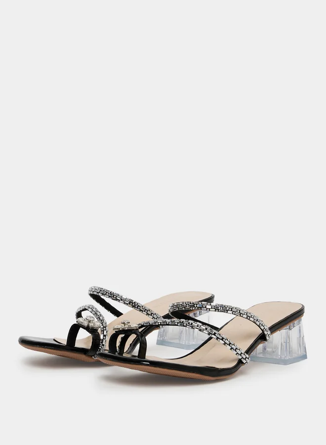 Take Two Black Embellished Block Heel Sandals