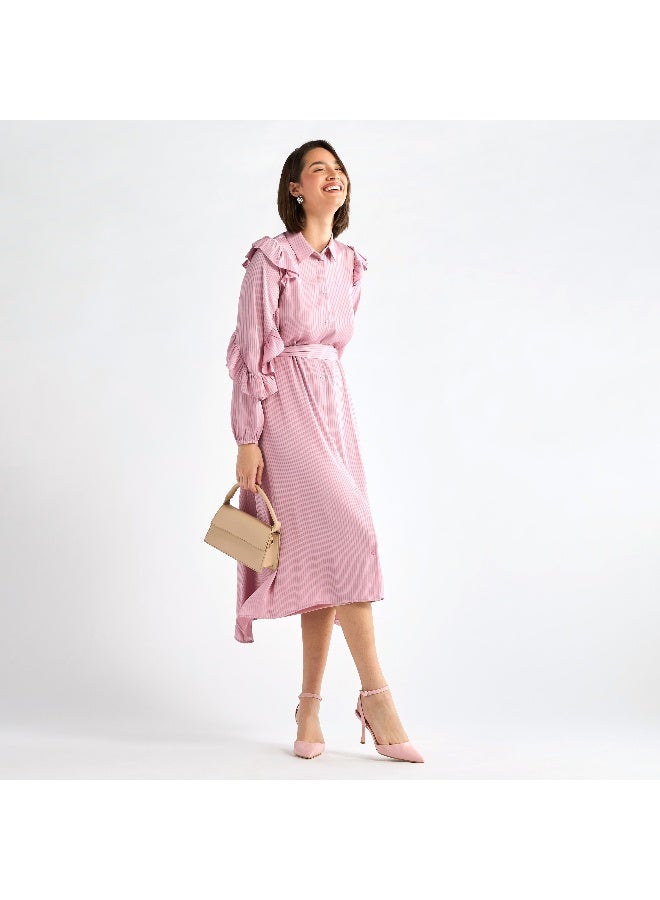 سبلاش فيڤ فستان ميدي مخطط غير متماثل بأكمام مكشكشة - Image 4