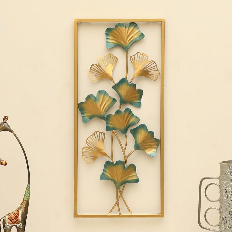 vedas Multicolor Metal Rectangular Anuja Ginko Leaf Wall Frame Wall Decor Mounted Hanging Sculpture Wall Art for Living Room Bedroom Dining Room Hallway Hotel Office Entryway Home Decor Size 10 X 22 Inches - Image 1