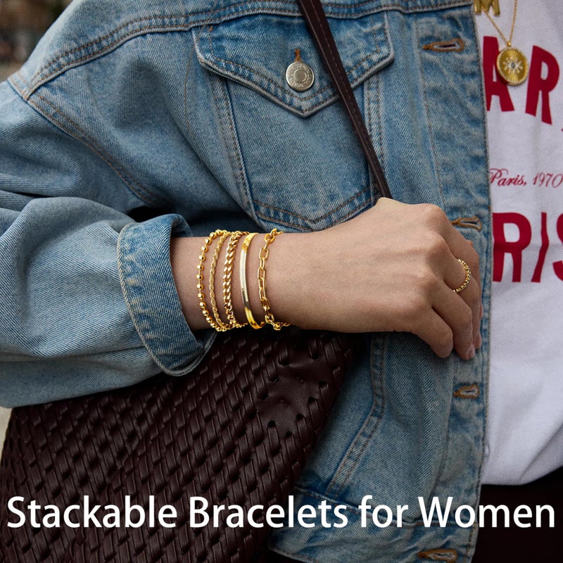 Poxtex Gold Bracelets for Women Stack Non Tarnish, 14K Gold Plated Stackable Bracelets Set for Women Trendy, Waterproof Simple Jewelry Sets Gifts Inclued Beaded/Cuban/Paperclip/Herringbone/Rope Link Chian, Fashion Accessories - Image 4