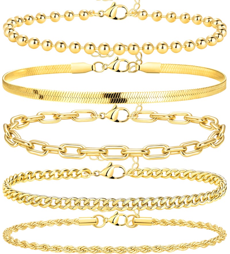 Poxtex Gold Bracelets for Women Stack Non Tarnish, 14K Gold Plated Stackable Bracelets Set for Women Trendy, Waterproof Simple Jewelry Sets Gifts Inclued Beaded/Cuban/Paperclip/Herringbone/Rope Link Chian, Fashion Accessories - Image 1