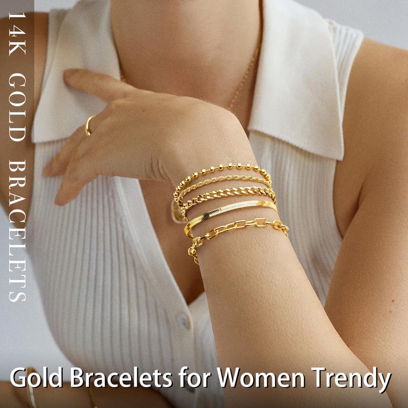 Poxtex Gold Bracelets for Women Stack Non Tarnish, 14K Gold Plated Stackable Bracelets Set for Women Trendy, Waterproof Simple Jewelry Sets Gifts Inclued Beaded/Cuban/Paperclip/Herringbone/Rope Link Chian, Fashion Accessories - Image 2