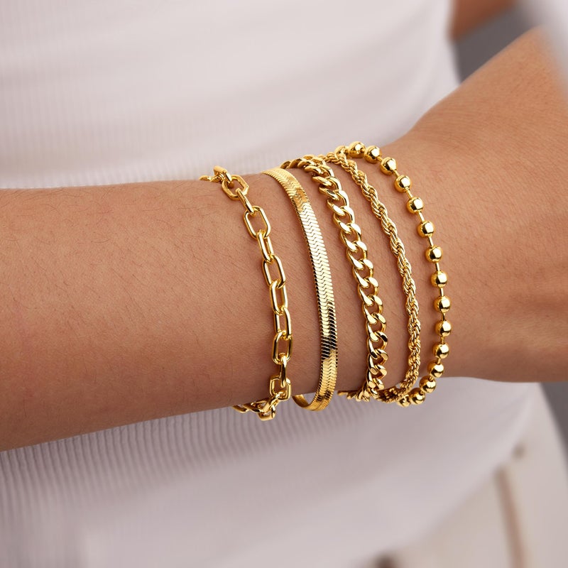 Poxtex Gold Bracelets for Women Stack Non Tarnish, 14K Gold Plated Stackable Bracelets Set for Women Trendy, Waterproof Simple Jewelry Sets Gifts Inclued Beaded/Cuban/Paperclip/Herringbone/Rope Link Chian, Fashion Accessories - Image 3