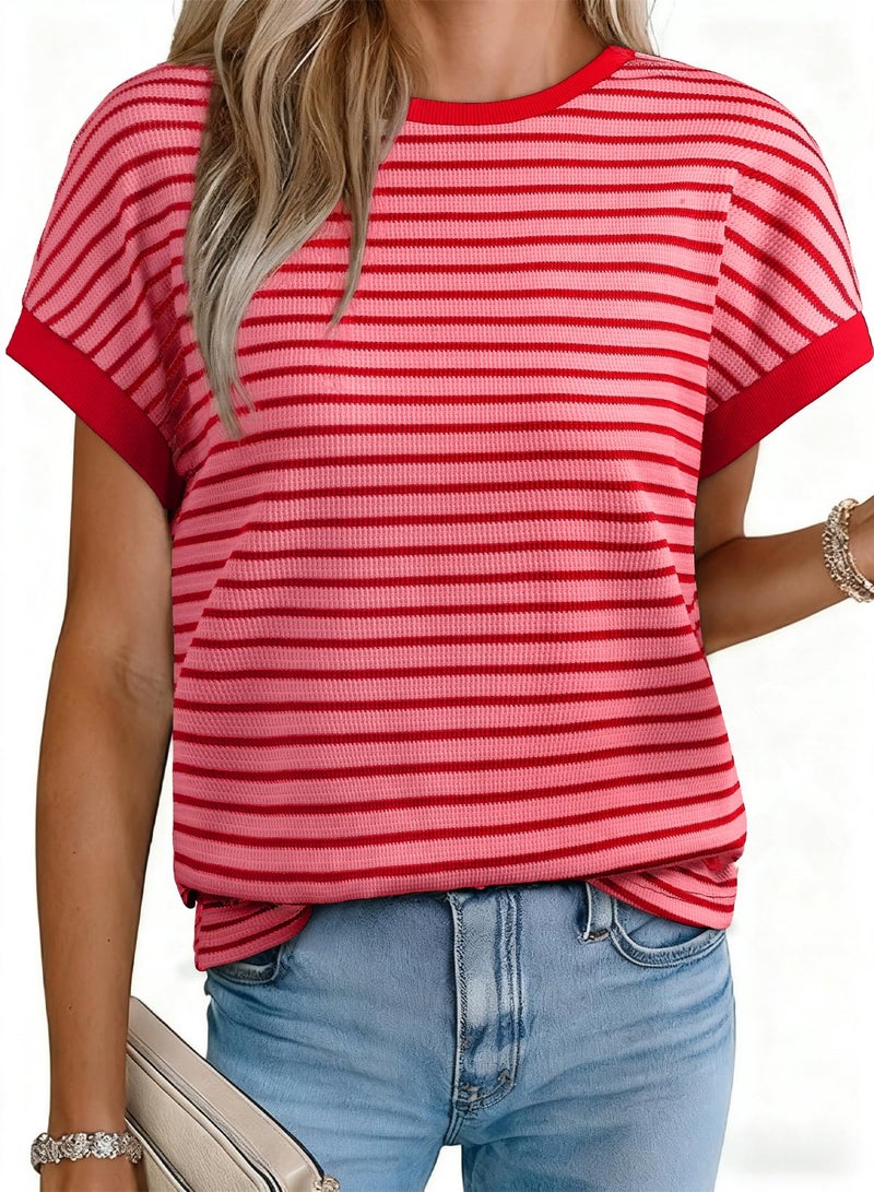 Acelitt Womenâ€™s Short Sleeve Knit Tops 2026 Trendy Crewneck Striped T Shirts Casual Summer Blouses Outfits Red Medium - Image 1