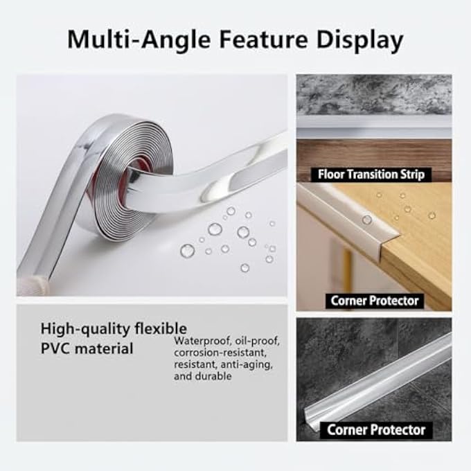 SILVER SELF-ADHESIVE DECORATIVE STRIPS, 16.4FT X 0.8INCH PEEL AND STICK WALL MOLDING TRIM, FLEXIBLE PVC SILVER DECOR TRIM TAPE FOR WALL, CEILING, FURNITURE, COUNTERTOP, FRAME,WARDROBE - SHINY SILVE - Image 3