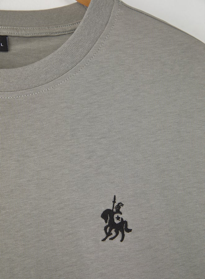 trendyol Gray Regular/Normal Cut Horse Embroidery Detail 100% Cotton T-shirt - Image 3