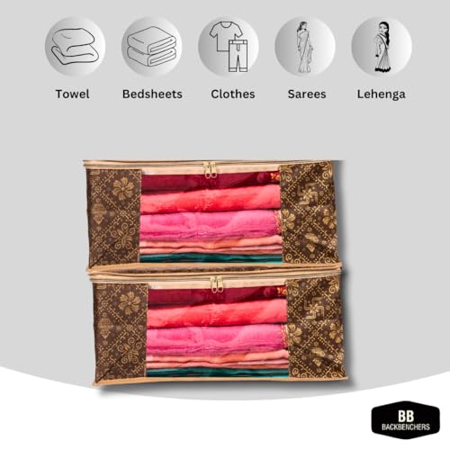 BB BACKBENCHERS Saree Cover/Bags/Organizer For Wardrobe - Foldable Saree Covers With Zip, Multipurpose Storage Bag For Suit, Lehanga, Dress Packing With Transparent Window, Pack of 6 (BROWN-SATIYA) - Image 4