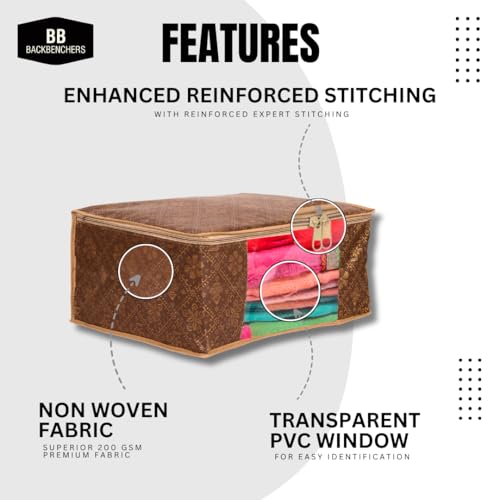 BB BACKBENCHERS Saree Cover/Bags/Organizer For Wardrobe - Foldable Saree Covers With Zip, Multipurpose Storage Bag For Suit, Lehanga, Dress Packing With Transparent Window, Pack of 6 (BROWN-SATIYA) - Image 2