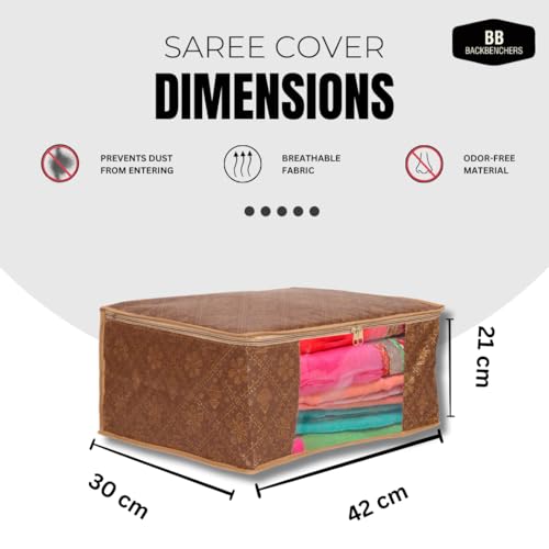 BB BACKBENCHERS Saree Cover/Bags/Organizer For Wardrobe - Foldable Saree Covers With Zip, Multipurpose Storage Bag For Suit, Lehanga, Dress Packing With Transparent Window, Pack of 6 (BROWN-SATIYA) - Image 3