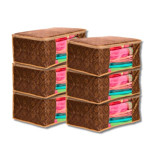 BB BACKBENCHERS Saree Cover/Bags/Organizer For Wardrobe - Foldable Saree Covers With Zip, Multipurpose Storage Bag For Suit, Lehanga, Dress Packing With Transparent Window, Pack of 6 (BROWN-SATIYA) - Image 1