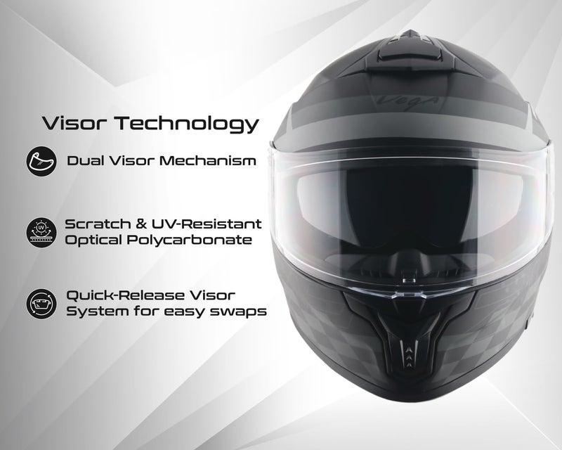 Vega Zap D/V Full Face Riding Helmet with Dual Visor, Shock Absorbing Liner, Comfortable Interior, Lightweight Shell, Aerodynamic Design, and Modern Black Styling Black-L - Image 3