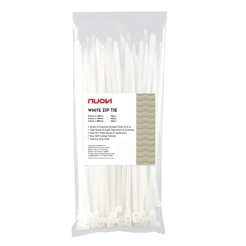 NUOVI White Zip Ties Assorted | Heat Resistant Cable with Self-Locking Mechanism | Self-Lock, Antislip Cable Organizer | For Indoor & Outdoor Use (Set of 100) - Image 1