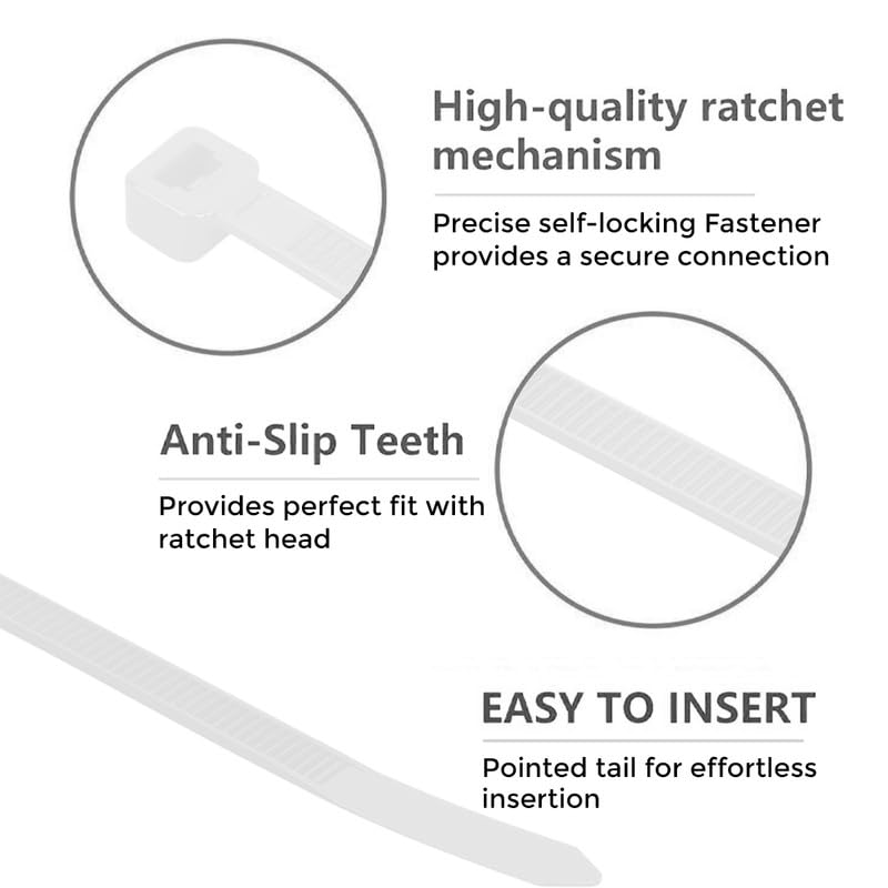 NUOVI White Zip Ties Assorted | Heat Resistant Cable with Self-Locking Mechanism | Self-Lock, Antislip Cable Organizer | For Indoor & Outdoor Use (Set of 100) - Image 3