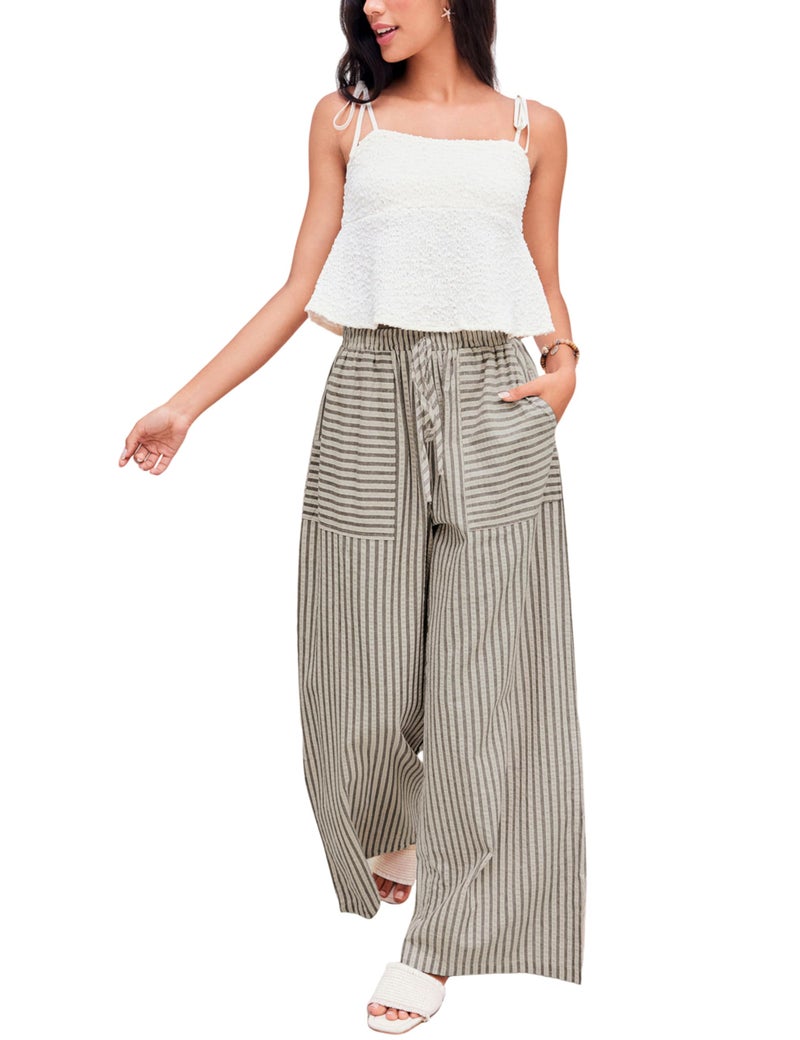 Yeokou Women's Wide Leg Pants Drawstring Striped Cotton Mid Rise Casual Long Palazzo Trousers with Pockets(Tan-L) - Image 1